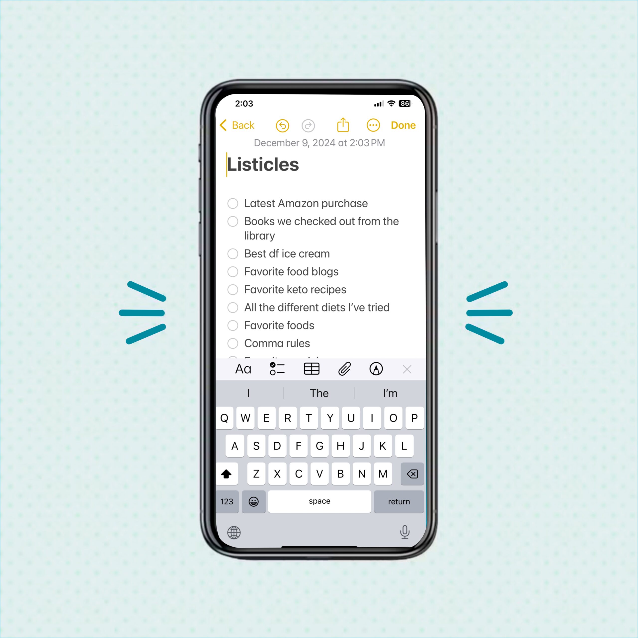 An iPhone opened to the notes app