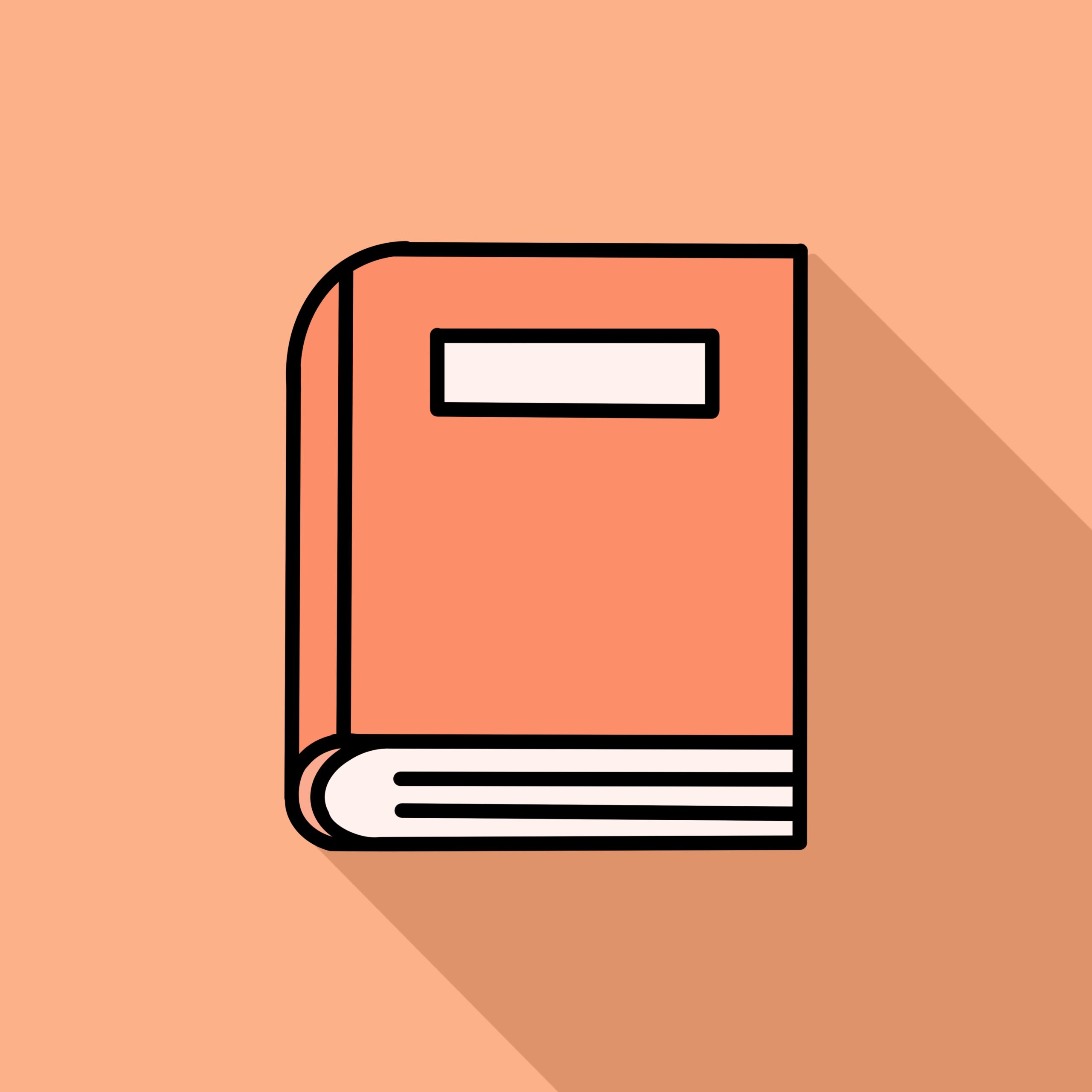 Book icon in orange with a lighter orange background and a diagonal shadow
